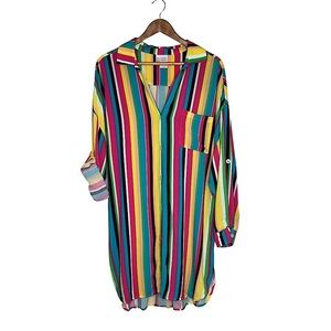 Anne Cole Rayon Button Down Colorful Striped Boyfriend Shirt Swimsuit Cover L/XL